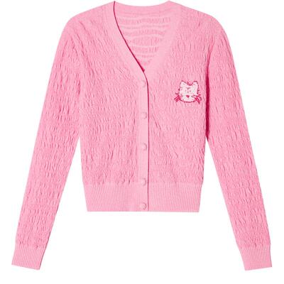 SALT.P可颜春粉色泡泡褶皱V领绣花开衫毛针织衫