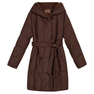 YINER音儿专选2025秋季新款中长款羊毛大翻领连帽系带收腰羽绒服