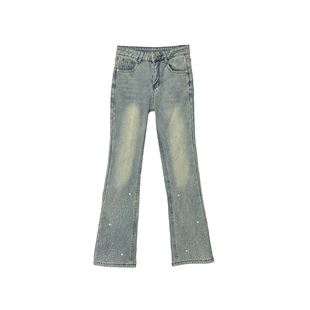 时髦腿精！~复古浅蓝色星星烫钻牛仔裤女冬加绒高腰显瘦微喇裤子