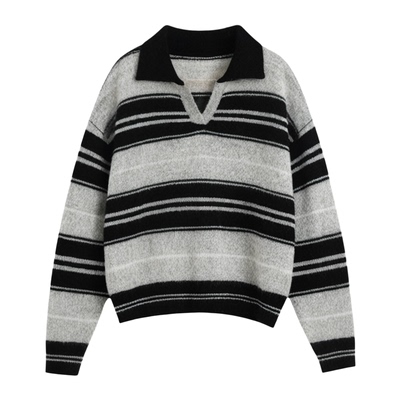 韩国东大门ETHOS撞色条纹V领毛衣女2025早秋新款宽松慵懒风针织衫