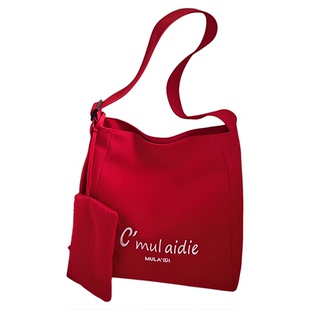 红色帆布包袋女夏2025新款大容量托特包轻便通勤单肩斜挎包带拉链