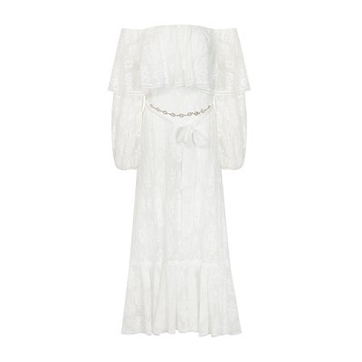 ELLIGIOI白色一字肩蕾丝飘带长裙