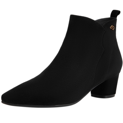 千百度粗高跟时装靴女款百搭冬季气质通勤显瘦羊皮洋气小短靴子