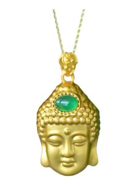古法鎏金镶嵌天然冰种帝王绿玉髓佛头吊坠玛瑙项链配证书礼盒链子
