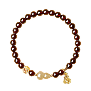 遇见普陀山石榴石酒红水晶手串男女士天然和田玉葫芦转运单圈手链