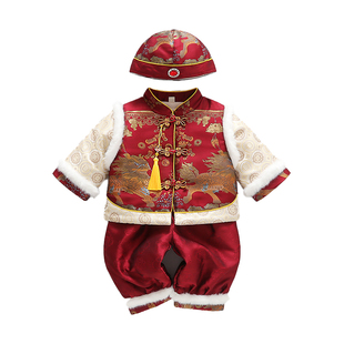 男宝宝周岁唐装礼服中式婴儿生日喜庆抓周汉服男童红色衣服套装夏