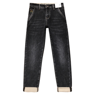 黑灰色加绒牛仔裤男款九分裤冬季保暖抓绒修身小脚磨毛长裤古士狼