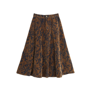 西町村屋摆裙女冬新款复古植绒提花牛仔长款高腰半身裙AD8412333