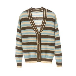 SOMSOM/索玛春秋条纹针织开衫女宽松显瘦长袖V领通勤减龄外搭上衣