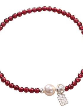 天然石榴石925银小福牌手链