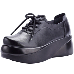 厚底松糕鞋女2025新款春秋单鞋头层牛皮黑色休闲鞋子增高真皮女鞋