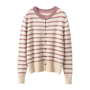 康赛妮秋冬新款条纹圆领100纯山羊绒开衫女撞色宽松针织外套保暖