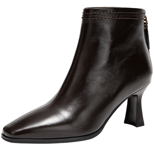 千百度粗高跟羊皮靴女2025秋冬新款时装靴通勤尖头显瘦法式短靴子