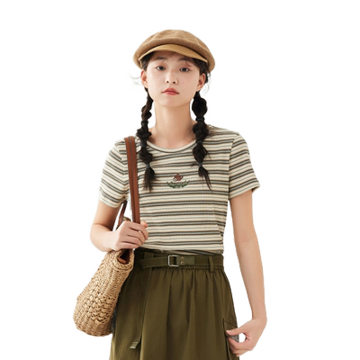 紫涵针织短袖T恤女夏季新款复古条纹修身显瘦时尚休闲百搭短上衣