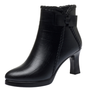 冬季靴子女高跟加绒皮鞋真皮中跟短靴防水台女靴女士皮靴短筒单靴