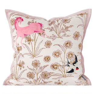 萬見「花驹戏蕊」法式粉色高级抱枕新中式流苏轻奢提花新年靠垫
