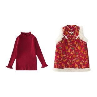 拜年服女童新年套装旗袍连衣裙冬装汉服宝宝红色裙子儿童过年衣服
