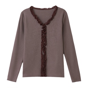 显瘦大码胖MM上衣女秋冬装新款木耳边V领套头针织长袖设计感t恤女