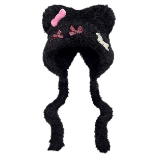 可爱小羊耳朵毛绒帽子女冬季大头围百搭针织帽骑车保暖护耳雷锋帽