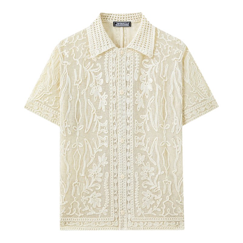 2026夏欧美重工浮雕提花针织衬衫男镂空透气开衫polo衫Men shirt