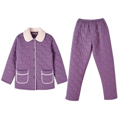 针织单面夹棉扣领女套