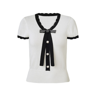 【2件8折】MAXRIENY赫本风v领蝴蝶结套头针织衫女航海风撞色短袖