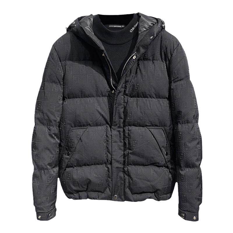 定织面料 意式高端鹅绒服 高蓬松白鹅绒男士连帽提花羽绒服夹克