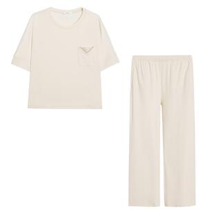 爱慕以爱之名-都市漫步睡衣女棉质圆领短袖长裤家居套装AM46B582