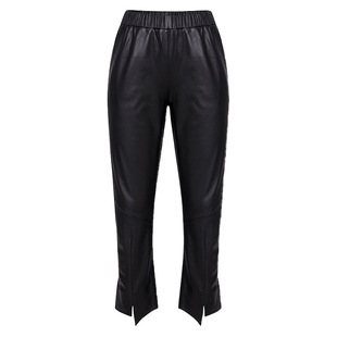 【绵羊皮】马天奴女装新款黑色锥形皮裤九分裤子松紧腰开衩百搭