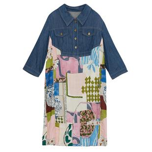 谜底衬衫式连衣裙中袖女夏新款牛仔拼接花色直筒裙247ML5102