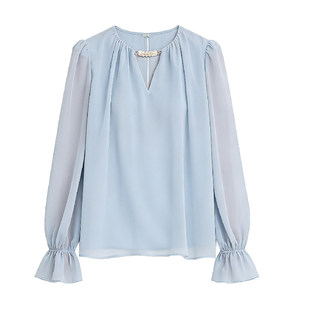 DPLAY蓝色挂脖上衣长袖通勤雪纺衬衫优雅气质衬衣女2026秋季新款