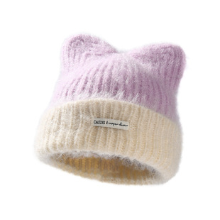 CACUSS猫耳朵帽子女秋冬可爱毛线帽大头围保暖护耳防寒毛绒针织帽