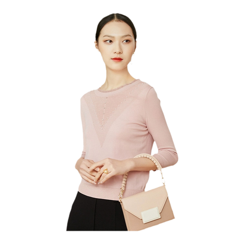 乔万尼冰丝针织衫女薄款小香风设计感圆领春装高级感外套长袖粉色