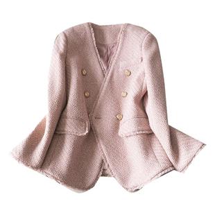 时髦尖货粉色香风花呢特种纱毛呢无领V领拉须外套初春新款上衣女