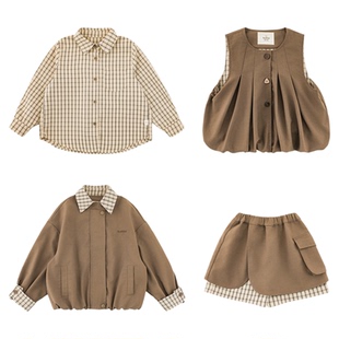 幼悠女童春季新款长袖翻领格纹衬衫花苞无袖马甲学院工装风亲子装