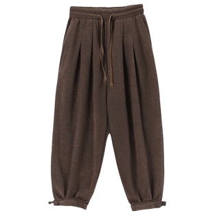 男士咖啡色国潮灯笼裤秋冬新款休闲裤卫裤雪尼尔宽松裤子冬季加厚