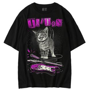 摇滚猫咪T恤男夏季朋克风小猫吉他印花短袖女宽松潮牌
