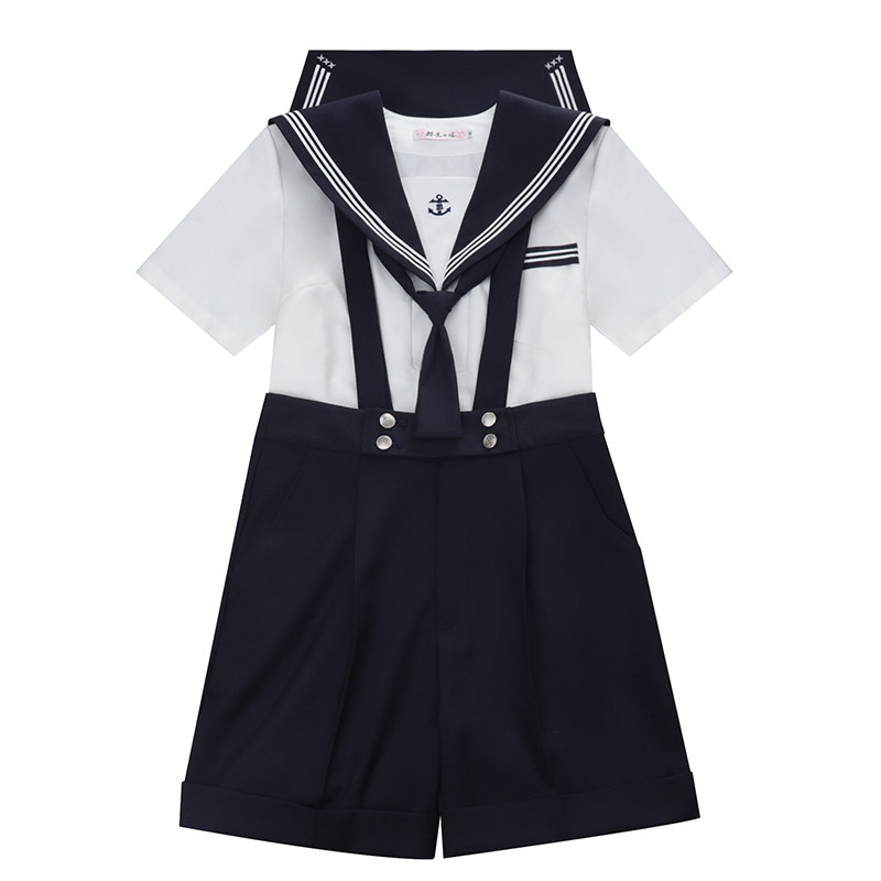 樱花家族jk制服【蔚蓝誓约】绀色背带短西裤花绀白三本水手服套装
