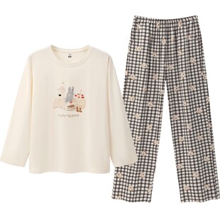 三枪春秋家居服女士亲肤磨毛简约印花甜美莫代尔棉超柔软睡衣高弹