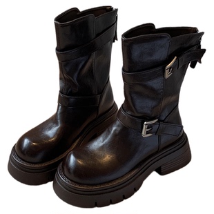 【TFM】厚底马丁靴女新款冬季加绒复古皮带扣英伦风短靴子中筒靴