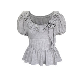 Narratorgirls灰色木耳边花朵针织短袖蓝色波点收腰打底衫秋女