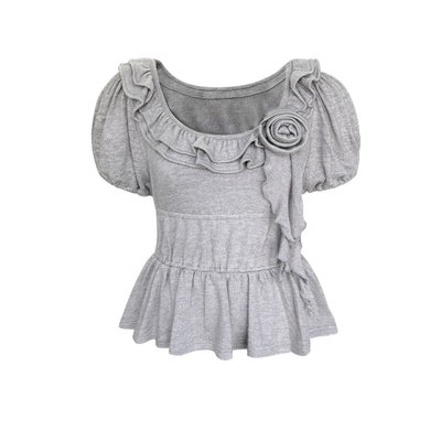 Narratorgirls灰色木耳边花朵针织短袖蓝色波点收腰打底衫秋女