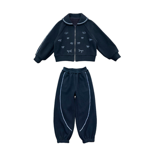 小童木 学院藏青女童运动套装冬季新款中大童刺绣卫衣卫裤两件套