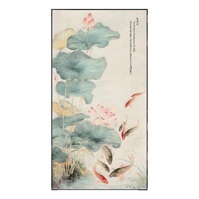荷花九鱼图入户玄关装饰画新中式寓意正对门玄幻挂画竖版招财壁画