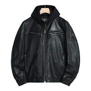 MCS男装源自万宝路秋季立领可脱帽山羊皮短款皮衣重水洗机车外套