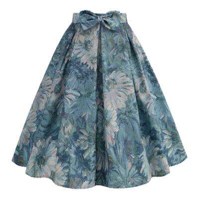 原创复古女郎油画印花洋气百搭法式蝴蝶结高腰百褶蓬蓬伞裙半身裙