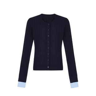 MULVAN 高智韩女 灰色麻花针织开衫女拼接撞色修身显瘦内搭上衣