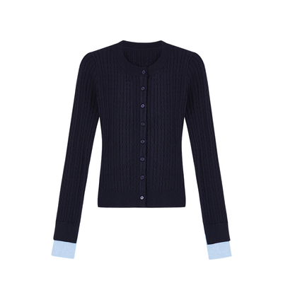 MULVAN 高智韩女 灰色麻花针织开衫女拼接撞色修身显瘦内搭上衣