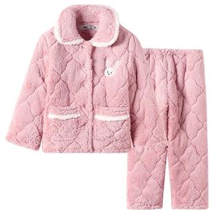 美标女童舒棉绒法兰绒夹棉睡衣套装冬儿童可爱女孩珊瑚绒家居服