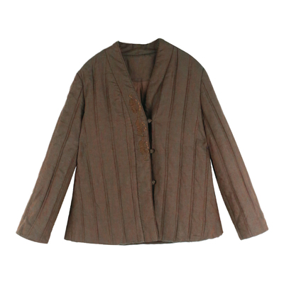 忘城新款亚麻棉服女复古短款刺绣